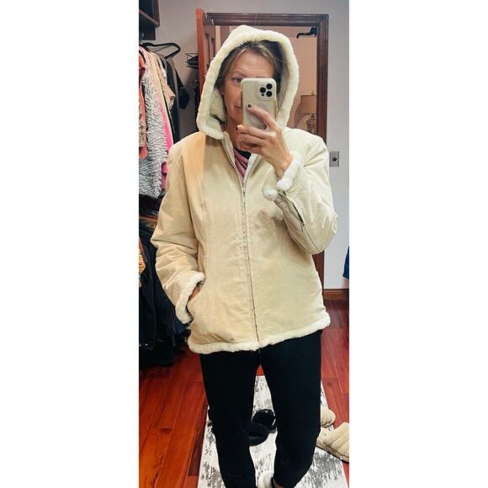 STATIC SHERPA LINED SUEDE ZIP UP HOODED JACKET